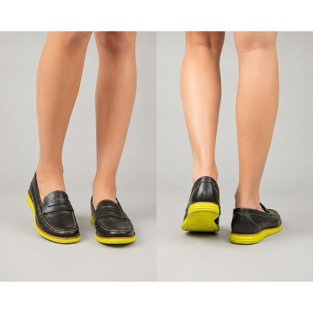 Cole Haan LunarGrand Women's Penny Loafers Black Leather Volt Yellow Size 7B - Picture 1 of 9